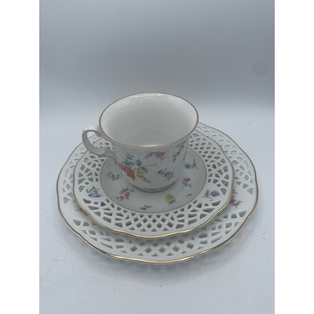 Burg Lindau Feines Porzellan Reticulated Pierced Floral 3 Pc Teacup Saucer Set